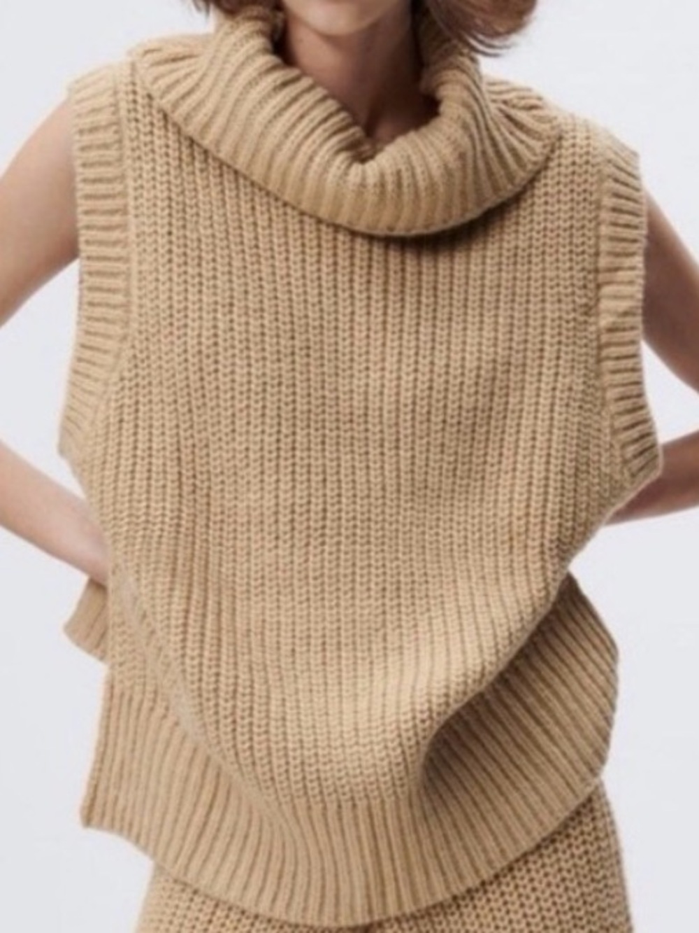 Zara Beige Camel Knit Cowl Neck  Sweater Gilet Vest